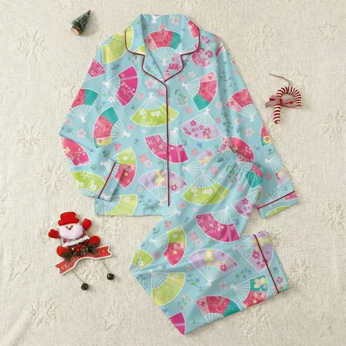 Women's Sky Blue Intricate Japanese Fan Cherry Blossom Fuchsia Teal All-Over Print Satin Pajamas Set