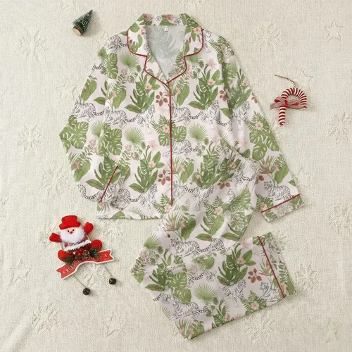 Women's Pastel Pink White Tiger Tropical Jungle Foliage Pink Peach Floral Pattern Satin Pajamas Set