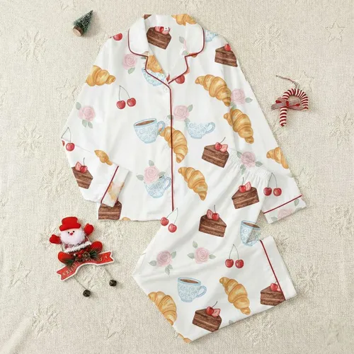 Dessert Lovers' Whimsical Watercolor Golden Croissant Blue Coffee Cake Cherry Pink Rose Pattern Satin Pajamas Set