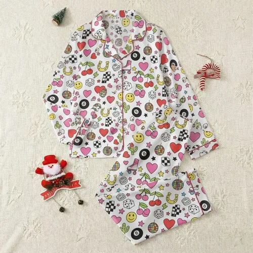 Women's Bright Whimsical Pattern with Retro 8-Balls, Hearts, Dice, Disco Balls & Peace Signs Satin Pajamas Set