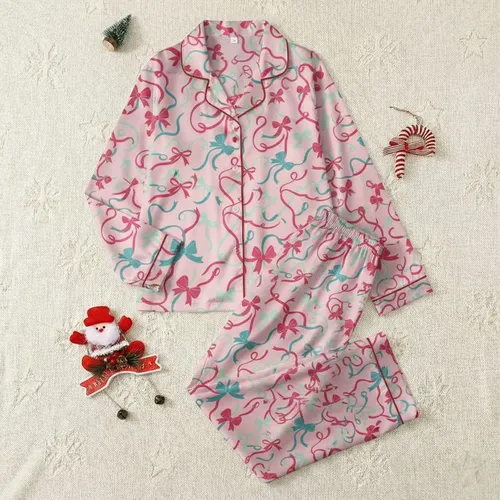 Women's Whimsical Scattered Bows & Ribbons Pattern in Vibrant Red Fuchsia Teal Mint on Pink Satin Pajamas Set