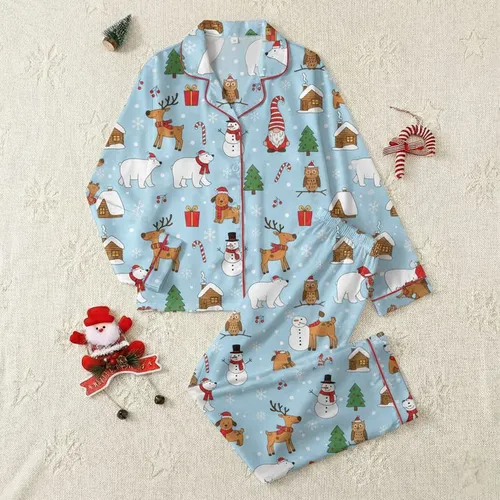 Holiday Enthusiasts' Whimsical Sky Blue Hand-Drawn Gnomes Snowmen Reindeer Christmas Trees Pattern Satin Pajamas Set