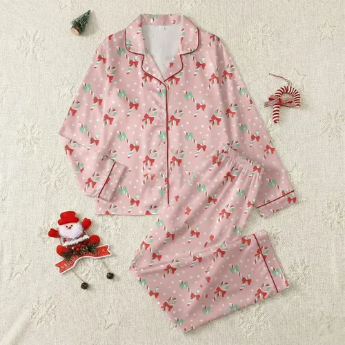 Women's Cheerful Pastel Pink Candy Cane Bow White Polka Dot Holiday Pattern Satin Pajamas Set