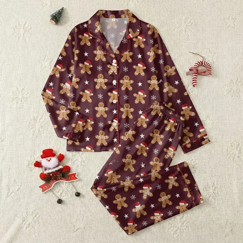 Charming Gingerbread Men Pattern: Santa Hat, Snowflake, & Candy Cane Holiday Motif Satin Pajamas Set