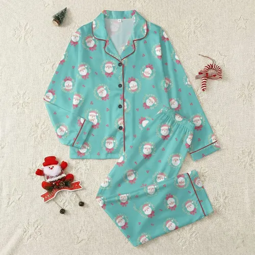 Women's Whimsical Aqua Teal Santa Wreath Pattern with Hot Pink Bows & Rosy Cheeks Satin Pajamas Set
