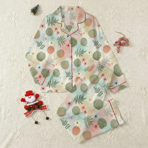 Nature Lovers' Muted Sage Terracotta Pastel Pink Blue Watercolor Botanical Leaves & Floral Print Satin Pajamas Set
