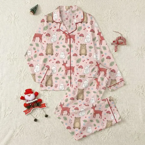 Whimsical Dreamer's Pastel Pink Woodland Animals Bear Bunny Deer Everyday Comfort Item Satin Pajamas Set