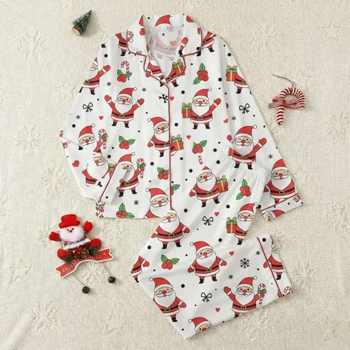 Festive Fun: Cheerful Santa Waving, Winking, Candy Cane, Red Berry Holiday Loungewear Satin Pajamas Set