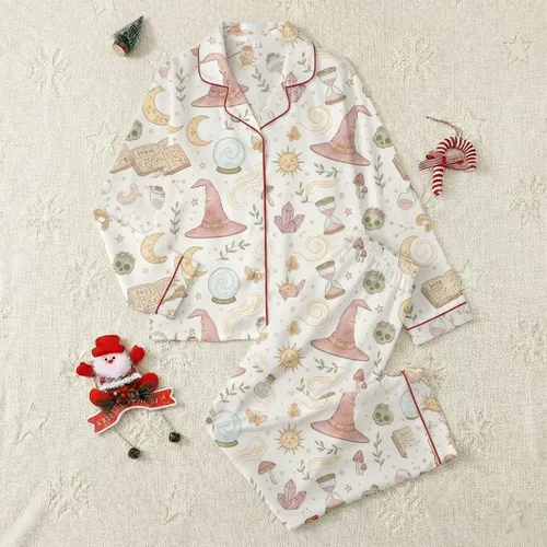 Whimsical Witchy Dreamer Magical Celestial Floral Pattern All-Over Loungewear Satin Pajamas Set