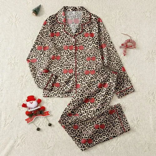 Women's Seamless Beige Black Leopard Spot Red Cherry Cluster Pink Ribbon Illustrative Pattern Satin Pajamas Set