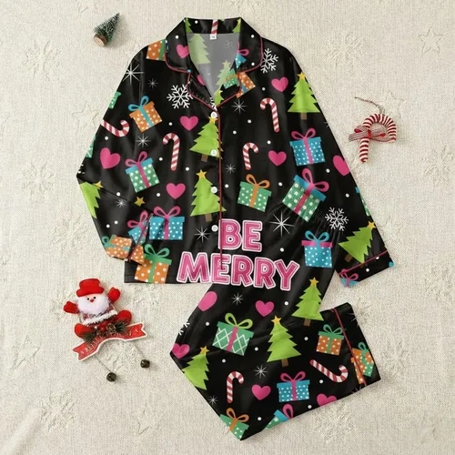 Women's Black Festive 'BE MERRY' Christmas Tree Gift Box Snowflake Candy Cane Pattern Satin Pajamas Set