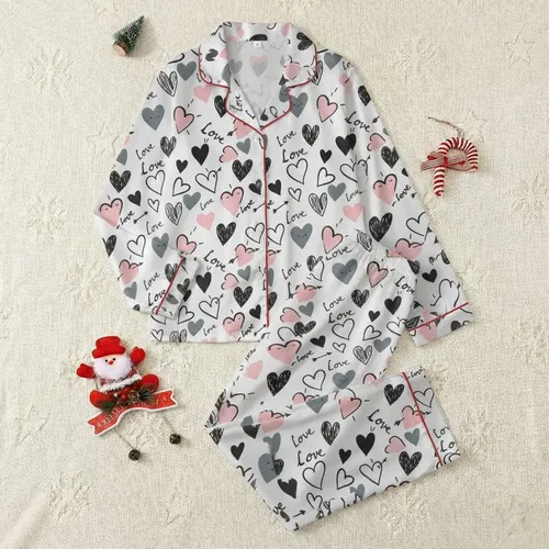 Affectionate Spirit's Doodle Love: Blush Pink & Gray Hand-Drawn Hearts & Text Textile Art Satin Pajamas Set