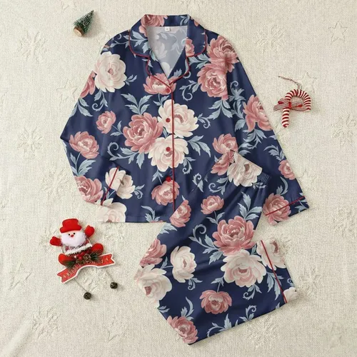 Women's Graceful Navy Blue Watercolor Floral Dusty Rose Blush Botanical Pattern Satin Pajamas Set