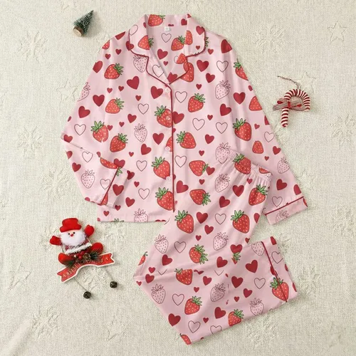 Women's Pastel Pink Whimsical Strawberry Heart All-Over Pattern Bright Red Green Maroon Outlines Satin Pajamas Set