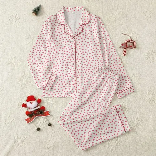 Women's Soft Off-White Hot Pink Scattered Solid Hearts Minimalist Hand-Drawn Print Satin Pajamas Set