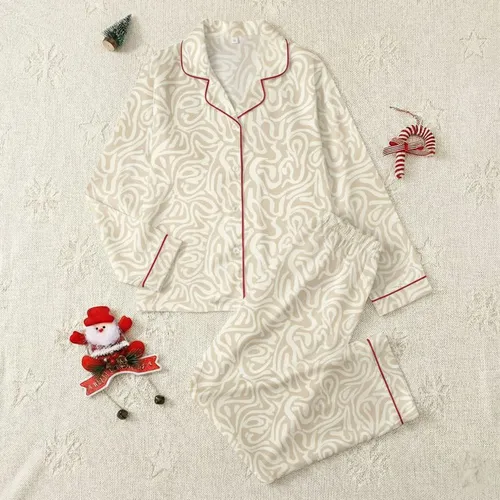 Women's Soft Beige Ivory Monochromatic Abstract Organic Texture Pattern Satin Pajamas Set