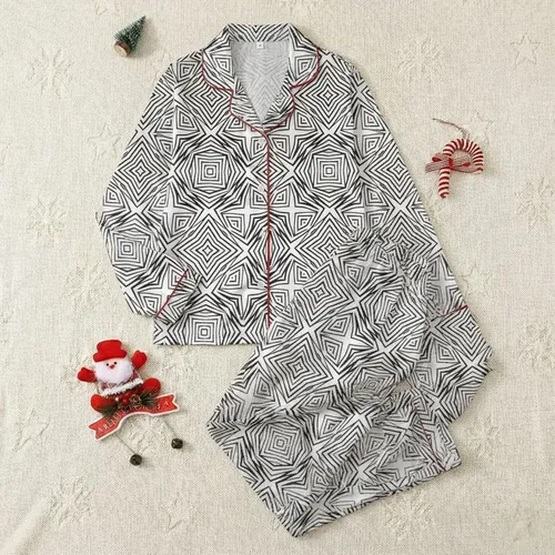Women's Classic Black & White Interlocking Geometric Woven Pattern Satin Pajamas Set
