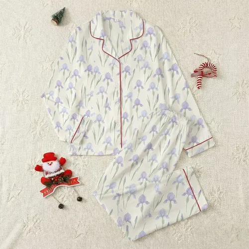 Women's Serene Watercolor Iris Floral Pattern in Periwinkle and Soft Blue Satin Pajamas Set