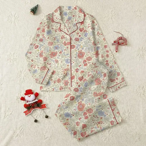 Women's Refined Vintage Floral Cream Muted Blue Dusty Rose Poppy Daisy Pattern Satin Pajamas Set