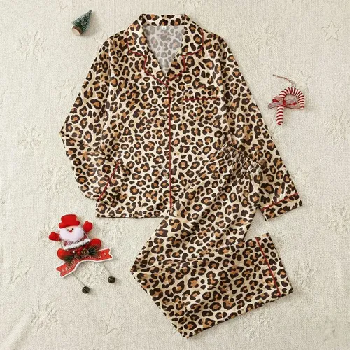 Women's Intricate Leopard Spot Pattern in Chocolate Sepia & Creamy Beige with Painterly Brushstrokes Satin Pajamas Set