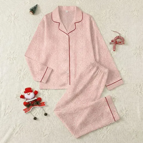 Cozy Knitwear Inspired: Rose Pink Cable & Braid with Off-White Details Wearable Design Satin Pajamas Set