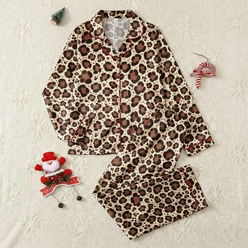 Women's Organic Leopard Spot Pattern: Reddish-Brown, Black Contours & Speckles on Light Sandy Beige Satin Pajamas Set
