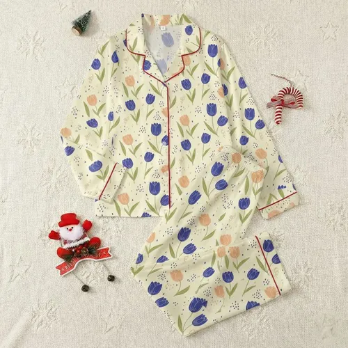 Women's Illustrative Hand-Drawn Tulip Floral Pattern, Blue-Violet & Peach-Orange on Creamy Yellow Satin Pajamas Set
