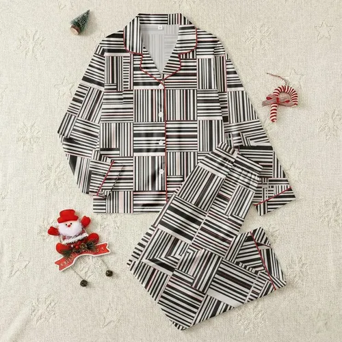 Modern Style Enthusiasts' Dynamic Black White Geometric Grid with Subtle Coral Striped Accents Satin Pajamas Set
