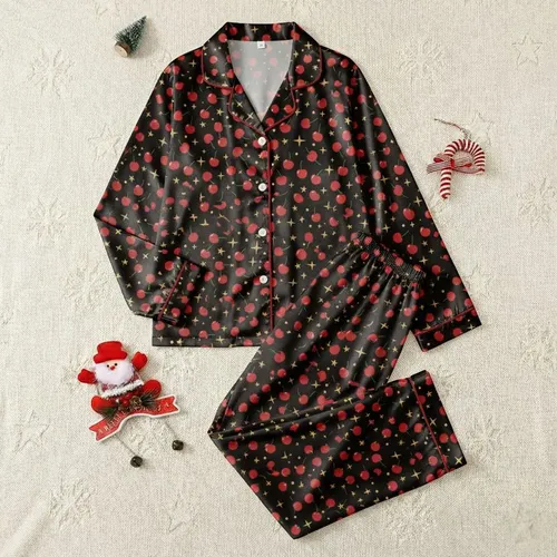 Women's Whimsical Ruby Red Cherry & Lemon Starburst Flat Graphic Black Pattern Satin Pajamas Set