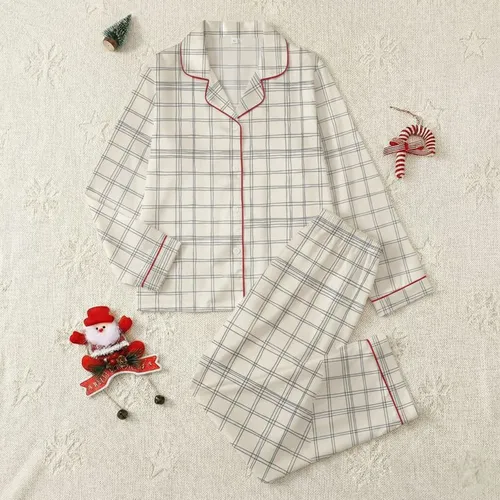 Women's Casual Charcoal Off-White Hand-Drawn Wavy Line Plaid Satin Pajamas Set