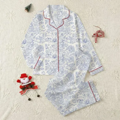 Women's Dusty Cornflower Blue Off-White Toile de Jouy Forest Animal Cottages Scene Satin Pajamas Set