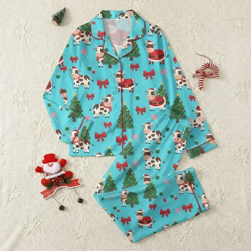 Women's Whimsical Christmas Cow, Lollipop & Tree Cyan & Red Festive Pattern Satin Pajamas Set