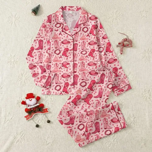 Women's Blush Pink Graphic Cowgirl Boots, Hats, Fuchsia Red Snakes & Lightning Star Pattern Satin Pajamas Set