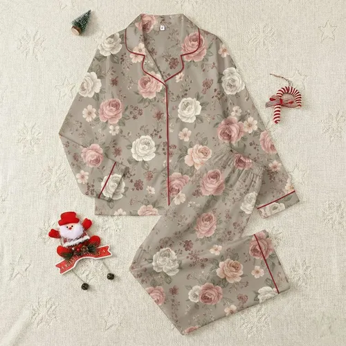 Women's Greige Painterly Botanical Antique Rose Wildflower Dusty Rose Peach Pattern Satin Pajamas Set