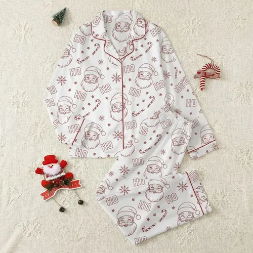 Women's Vintage Hand-Drawn Winking Santa HO HO Muted Red Snowflake Candy Cane Pattern Satin Pajamas Set