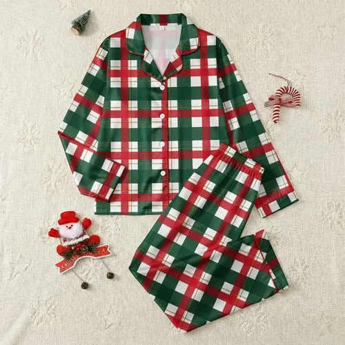 Bold Statement: Vibrant Red Green White Geometric Tartan Plaid Design Satin Pajamas Set