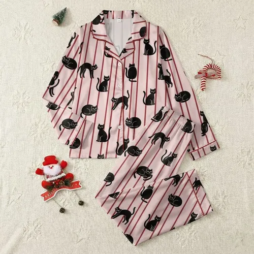 Women's Whimsical Pastel Pink Dark Red Stripe Solid Black Cartoon Cat Pattern Satin Pajamas Set