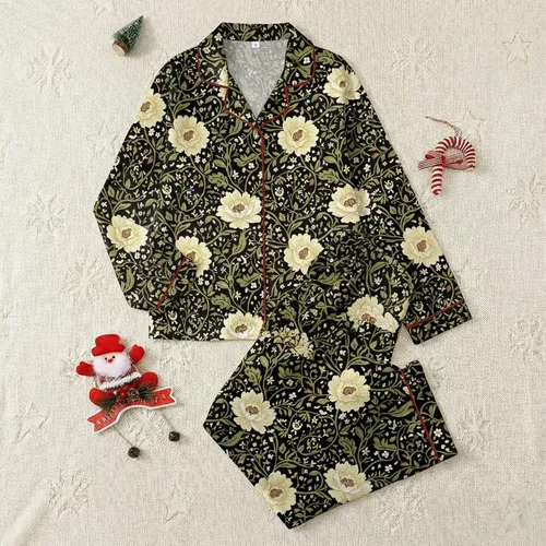 Women's Deep Black Intricate Botanical Floral with Pale Yellow & Creamy White Blossoms Satin Pajamas Set