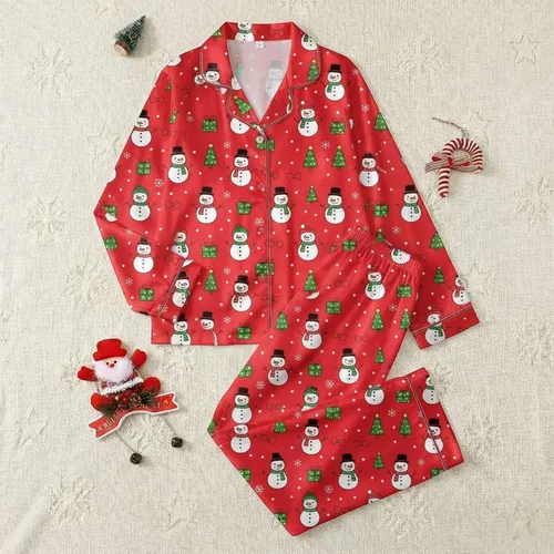 Christmas Snowman Fun Red All-Over Pattern: Cartoon Snowmen, Trees, Gifts, Striped Scarves, Carrot Noses Loungewear Satin Pajamas Set