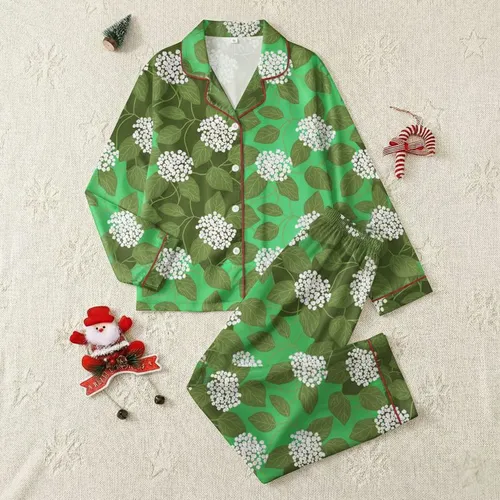 Women's Vintage Illustrative Emerald Olive Green Botanical Hydrangea Leaf Pattern Satin Pajamas Set