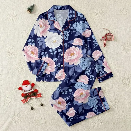 Serene Floral: Intricate Blush Pink Peony & Blue Blossom Pattern on Deep Navy - Wearable Art Satin Pajamas Set