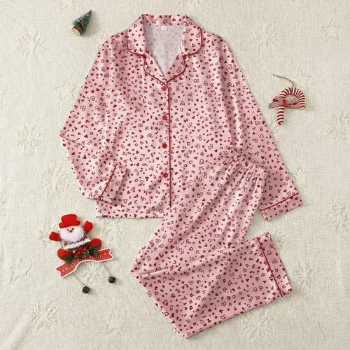 Women's Soft Pink Scattered Maroon Delicate Bow Heart Floral Pattern Satin Pajamas Set
