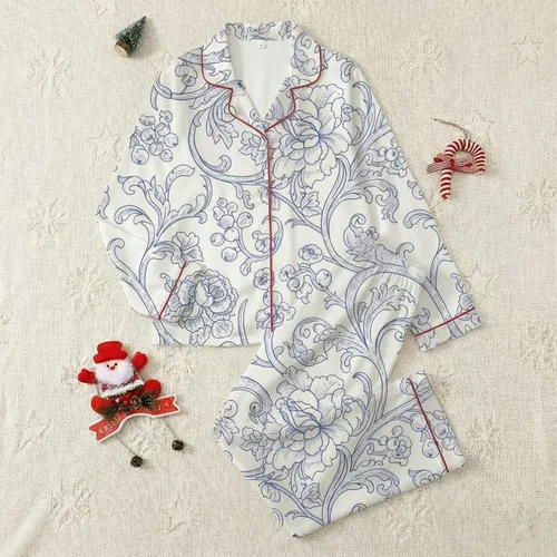 Women's Muted Indigo Blue & Cream Toile de Jouy Engraved Botanical Floral Pattern Satin Pajamas Set