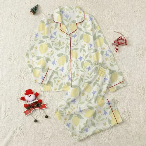 Women's Illustrative Pale Yellow Lemon, Sage Leaf & Periwinkle Blossom Repeat Pattern Satin Pajamas Set