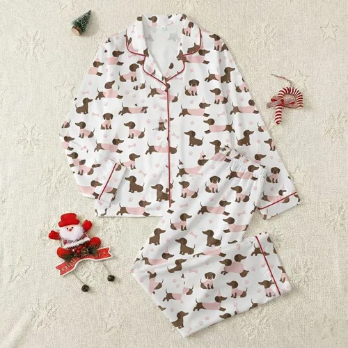 Dachshund Lovers' Cartoon Dark Brown Dachshunds Light Pink Party Hats & Sweaters White with Pink Paw Prints & Bones Satin Pajamas Set