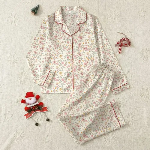 Women's Delicate Hand-Drawn Ditsy Blush Pink Floral with Mustard Berries & Grey-Green Leaves on Cream Satin Pajamas Set
