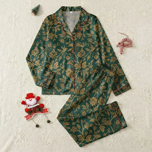 Women's Refined Emerald Green Antique Gold Ornate Floral Peacock Feather Hummingbird Repeat Satin Pajamas Set