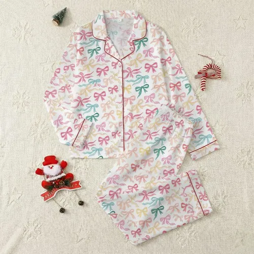 Women's Whimsical Hand-Drawn Watercolor Bows & Flowing Ribbons Fuchsia Pink Blue Teal Red Yellow Peach Pattern Satin Pajamas Set