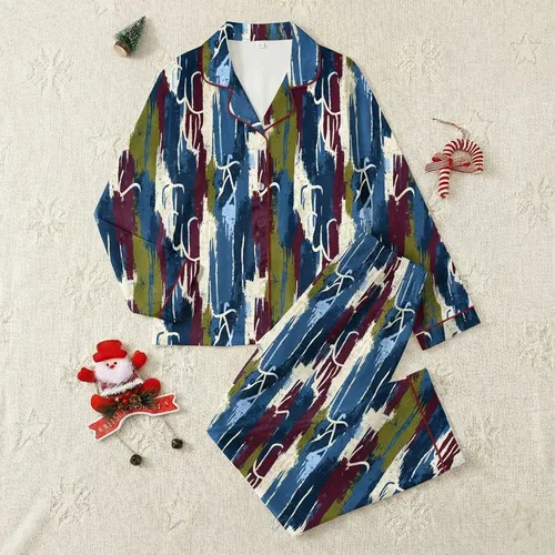 Women's Distressed Painterly Vertical Brushstrokes in Muted Petrol Blue, Burgundy, Olive Satin Pajamas Set