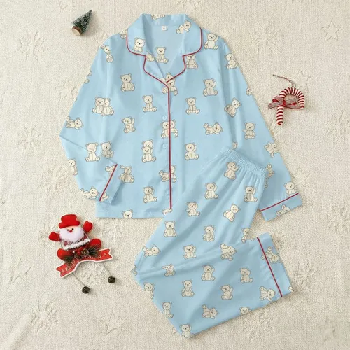 Cozy Home Lovers' Charming Light Blue Cream Illustrative Flat Teddy Bear Pattern Satin Pajamas Set